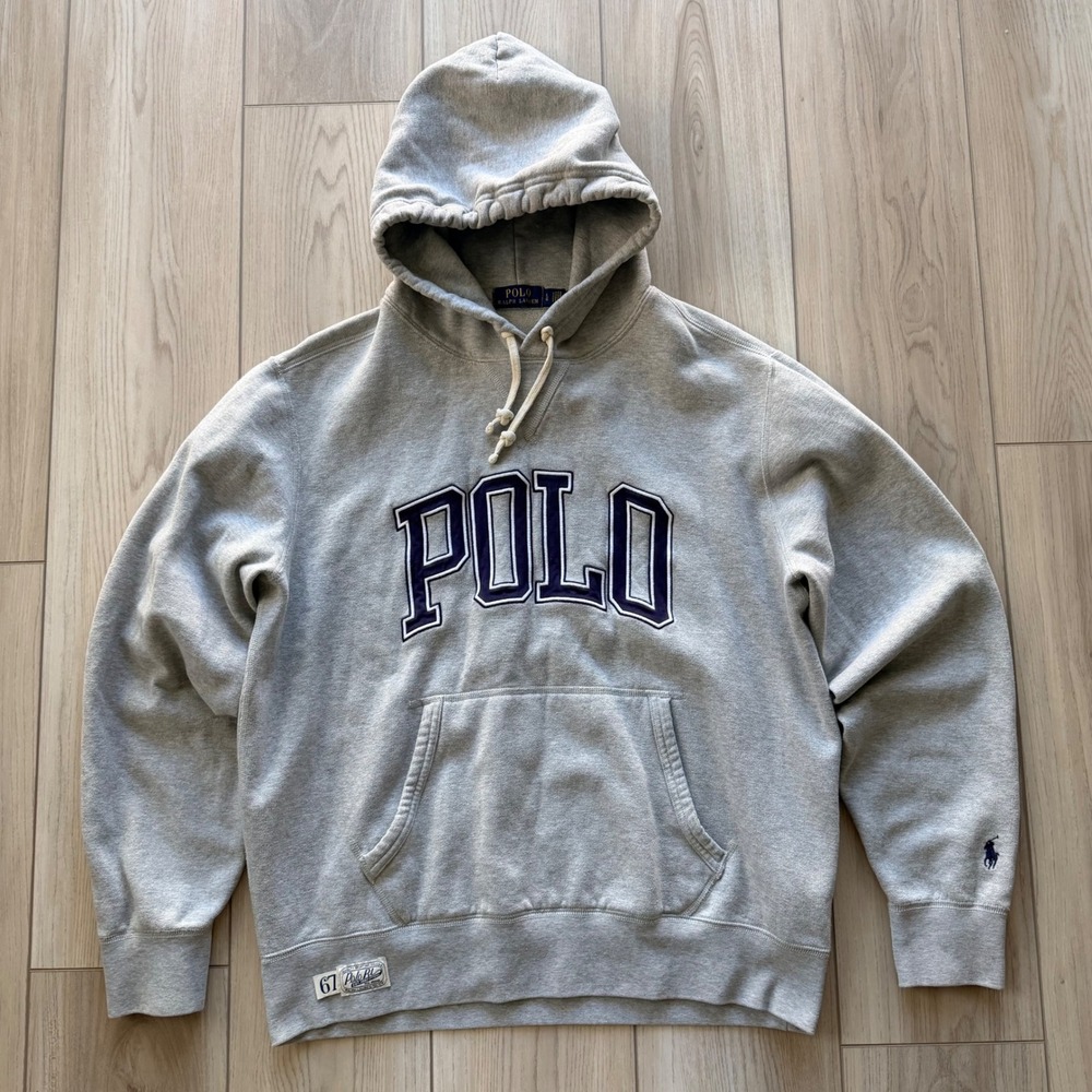 Polo Ralph Lauren Hoodie Mens Large Grey Navy Blue Spellout Fleece Pullover